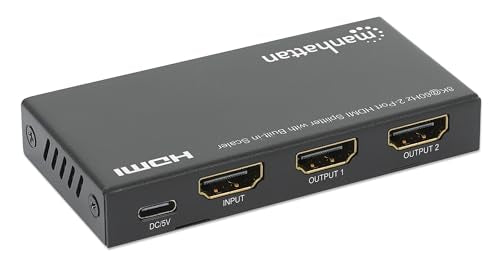 Manhattan HDMI Splitter with Scaler 1 in 2 Out, 8K 60Hz 4K 120Hz, EDID Control, HDR, HDCP 2.3, 48 Gbps, Metal Housing - 208468 - size: 1 In x 2 Out