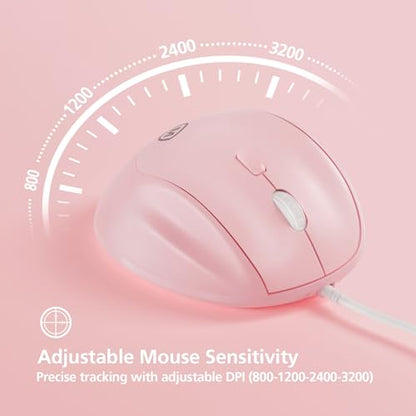 Micropack Ergonomic Mouse Wired for Laptop, PC Computer and Desktop, Ergo Mouse Vertical with Silent Clicks, Up to 3200 DPI Adjustable Mouse Sensitivity, Pink - color: Pink, size: Wired