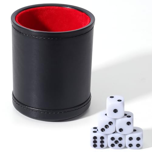 Felt Lined PU Leather Dice Cup Set with 6 Dot Dices (Black, Pack of 1) - color: Black
