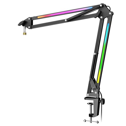 FIFINE Microphone Boom Arm, Metal Adjustable Mic Arm Stand with RGB Control, 3/8” to 5/8” Screw Adapter, Desk Mount Clamp, Suspension Scissor Mic Stand for Gaming Streaming Podcast-AmpliGame BM38 | Gaming RGB Mic Arm, Desk Mount Clamp, 3/8” to 5/8” Screw