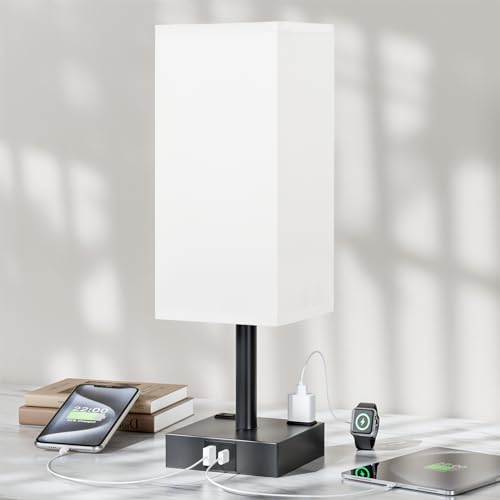 Touch Bedside Table Lamp For Nightstand - 3-Way Dimmable Night Lamp with USB A + Type C Charging Ports and two AC Outlets, Small Desk Light with E26 LED Bulb for Bedroom Living Room ,WHITE BLACK - color: White & Black, size: 14.0in