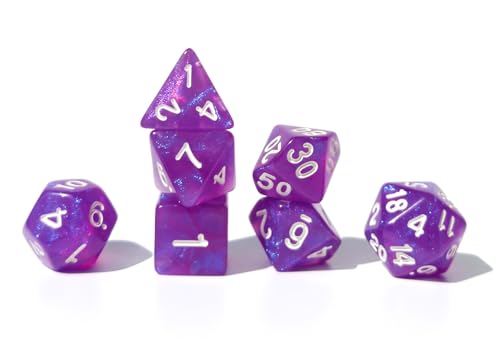 퍼플 DND 주사위 7개 세트 (스팽글 퍼플) | TTRPG, 던전 앤 드래곤, 롤 플레잉 게임 및 기타 테이블 게임을 위한 아크릴 다면체 주사위 세트 - D20 시스템 주사위 - color: 스팽글 퍼플