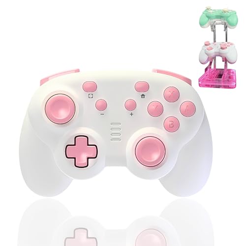 turbX Mini Mate Wireless Gaming Controller, Nintendo Switch Gamepad Joystick & Wired PC Windows Steam, Complimentary LED RBG Charging Stand w. Glowing Light, 6-Axis Gyro, 3D Joystick, Cute Pink - color: Pink