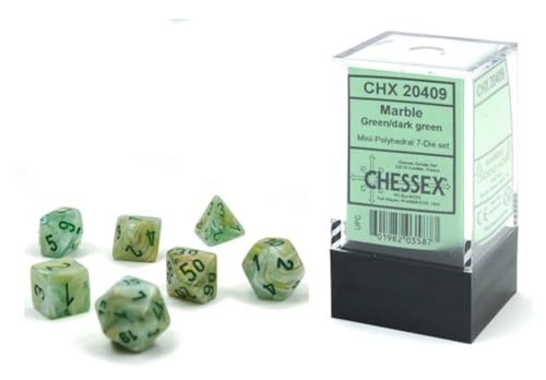 Chessex Dice Set – 10mm Marble Green/Dark Green Plastic Polyhedral Dice Set – for Dungeons and Dragons D&D DND TTRPG Dice – Includes 7 Dice - D4 D6 D8 D10 D12 D20 D% (CHX20409)