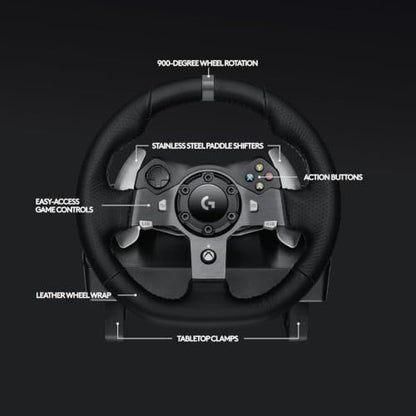 Logitech G920 Driving Force Racing Wheel and Floor Pedals for Xbox Series X|S, One, PC – Real Force Feedback, Hand-Stitched Leather, Stainless Steel Paddle Shifters with Signature Series Microfiber Lens Cloth
