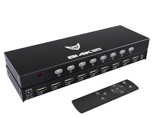 8 Port 4K HDMI Switcher Box IR Remote Control PC PS4 Xbox | 4K@30Hz 3D ultra HD audio video sync selector with durable metal housing & cooling - size: 8x1 4K@30HZ