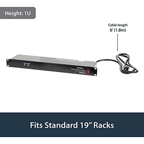 StarTech.com 8 Outlet Horizontal 1U Rack Mount PDU Power Strip for Network Server Racks - Surge Protection - 120V/15A - w/ 6ft Power Cord (RKPW081915) | Power strip for network server racks, Surge protection, Rugged steel chassis, LED ground and surge ind