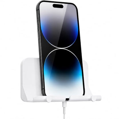 Wall Mount Phone Holder with Cable Hole & Hooks, Adhesive Wall Phone Holder, Phone Charging Dock & Organizer for Bedroom, Bathroom, Kitchen, Office, Dorm & RV (White) - color: White