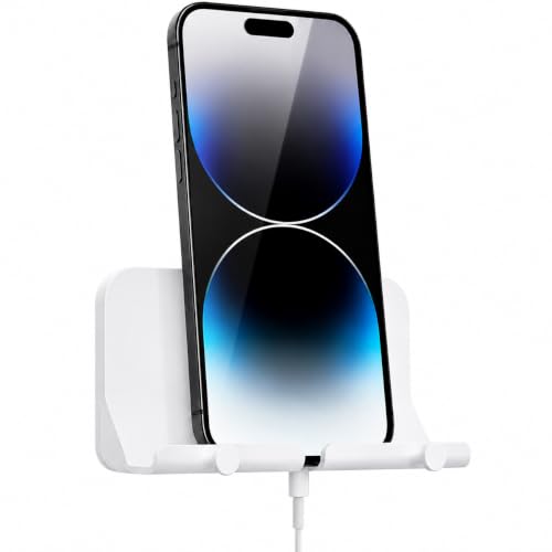 Wall Mount Phone Holder with Cable Hole & Hooks, Adhesive Wall Phone Holder, Phone Charging Dock & Organizer for Bedroom, Bathroom, Kitchen, Office, Dorm & RV (White) - color: White