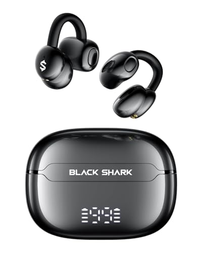 Black Shark Clip-On Earbuds, Open Ear Earbuds, Music and Game Dual Modes, 5g Lightweight & Digital Display Design, DNN Clear Calls, 50H Play Time, Comfort Fit for Sports, Running, Workout - style: Open Ear Headphones T19