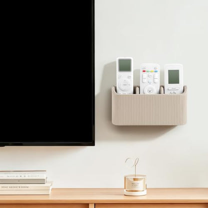 Remote Control Holder Wall Mount TV Remote Holder Caddy Organizer | PU Leather, Self Adhesive, 3 Compartments, Soft Velvet Lining, Aesthetic Stripes - color: Beige
