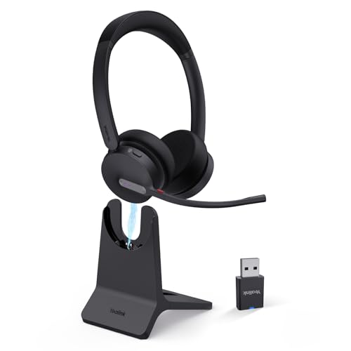 Yealink WH64 Hybrid DECT Dongle & Bluetooth Wireless Headset for Work | Teams & Zoom Work Headphones with Charge Stand, 492ft Long Range, 3X Noise Canceling Mic, 32-Hour Battery Life for Office - style: WH64 Hy-Dual with Stand