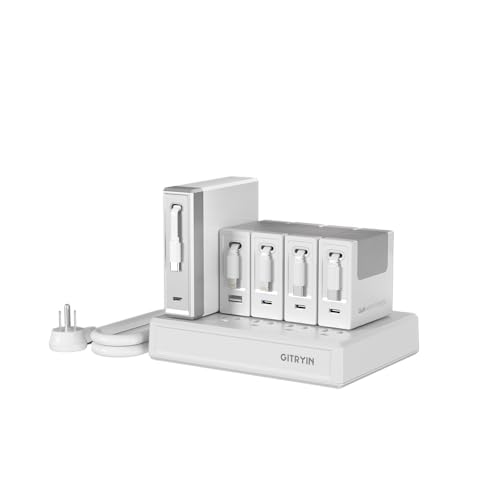 Gitryin Modular Laptop Charging Station, 140W, 4 * 40W Retractable Lightning, USB C Chargers, 2 Lightning, 1 USB A Port, 7 Type C Ports with Cooling Power Strip, 300W Charging Hub