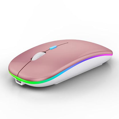 WREANU Wireless Bluetooth Mouse Rechargeable Laptop Mice with LED Lights Silent Slim Use(BT5.2 & 2.4G Portable USB) Dual Mode Computer Mouse for Laptop/iPad/Tablet/Apple/Computer/Mac(Rose Gold) - color: Rose Gold Wireless Bluetooth Mouse