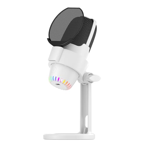 Dynamic USB RGB Microphone Computer Mic Kit with ENC Noise Cancellation Metal Stand One Key Plug and Play for Gaming Streaming Podcast Meeting Audio Recording (White) - color: White
