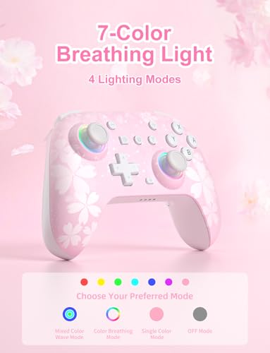 PHNIXGAM Pink Wireless Controller for Switch, Sakura | Switch/Lite/OLED/PC/Steam Deck/iOS/Android Compatible. Programmable buttons/RGB/motion control/vibration/turbo. 18hr battery. - color: Pink