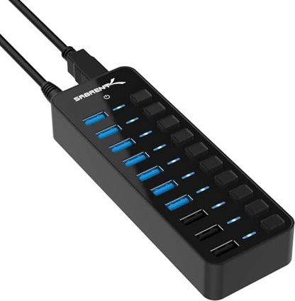 SABRENT 10-Port Powered USB 3.0 Hub, 3 Charging Ports, 60W (HB-B7C3) | Individual power switches & LEDs; for PC, Mac, Xbox, PS5, laptop, desktop - size: 10-Port - 7 USB 3.0 + 3 Charging