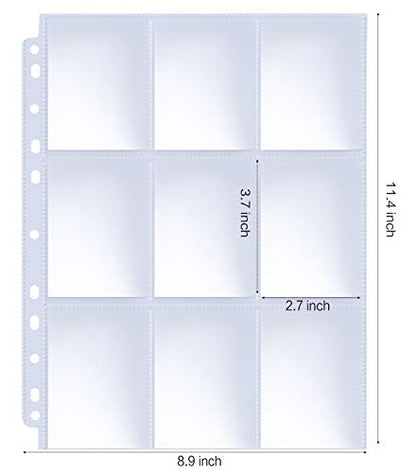 Trading Card Sleeve Pages, HERKKA 200 Pack 9 Pocket Album Pages 11 Holes Fit 3 Ring Binder - size: 200 Pack
