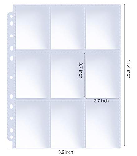 HERKKA Trading Card Sleeve Pages, 100 Pack 9 Pocket Album Pages 11 Holes Fit 3 Ring Binder - size: 100 pack