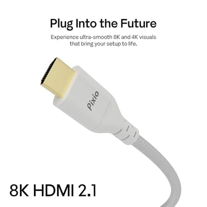 Pixio White 8K HDMI 2.1 Cable Ultra Certified Ultra High Speed 6FT 8K 60Hz 4K 120Hz Nylon Braided, Gold Plated Connector, Anti-Breakage, HDR10+, dtsx, eARC, HDCP, Dolby Compatible - color: White, size: 6 ft