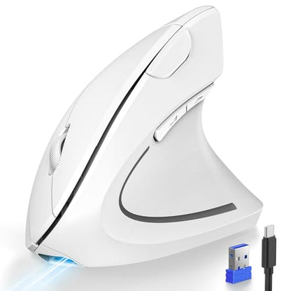 TECKNET Ergonomic Mouse Wireless, Rechargeable Vertical Mice Right Hand | Bluetooth+2.4GHz USB, Multi Device, 4800 DPI Adjustable, Optical Carpal Tunnel Mouse for Laptop, PC, Computer, MacBook, White - color: White