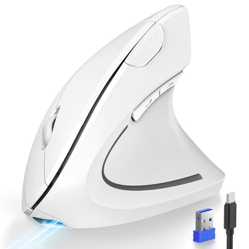 TECKNET Ergonomic Mouse Wireless, Rechargeable Vertical Mice Right Hand | Bluetooth+2.4GHz USB, Multi Device, 4800 DPI Adjustable, Optical Carpal Tunnel Mouse for Laptop, PC, Computer, MacBook, White - color: White