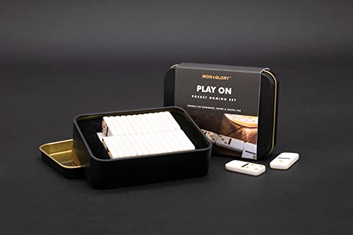 Iron & Glory Travel Dominoes Set - Dominoes Set for Adults - Travel Games - Play On Domino Game - Board Games - Mini Size Domino Deluxe Tin Case - Pocket Size - Family Night Gameplay - Gifts for Him