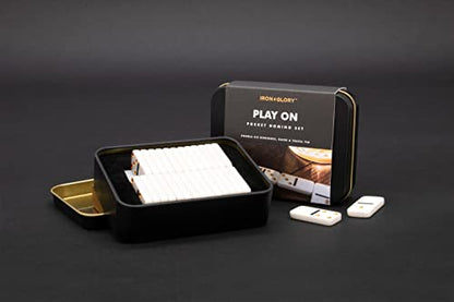 Iron & Glory Travel Dominoes Set - Dominoes Set for Adults - Travel Games - Play On Domino Game - Board Games - Mini Size Domino Deluxe Tin Case - Pocket Size - Family Night Gameplay - Gifts for Him