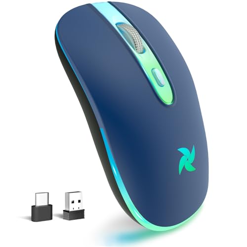 HZD LED Wireless Mouse, Slim Silent Rechargeable Mouse for Laptop, 2.4G Portable USB Optical Mouse with Type C Adapter, 3 Adjustable DPI Levels 1600/1200/800 for Tablet/Computer Blue - color: Blue