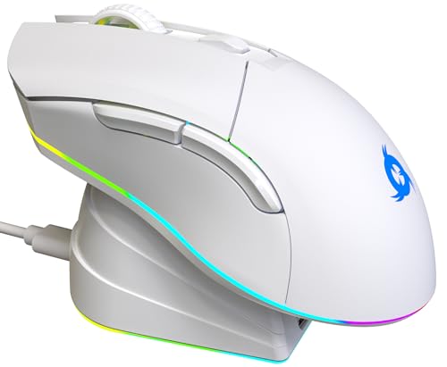 KLIM Blaze Pro Rechargeable Wireless Gaming Mouse with Charging Dock RGB - New Version - High-Precision Sensor and Long-Lasting Battery - Up to 6000 DPI - Great PC Gaming Mouse Wireless - White - color: White