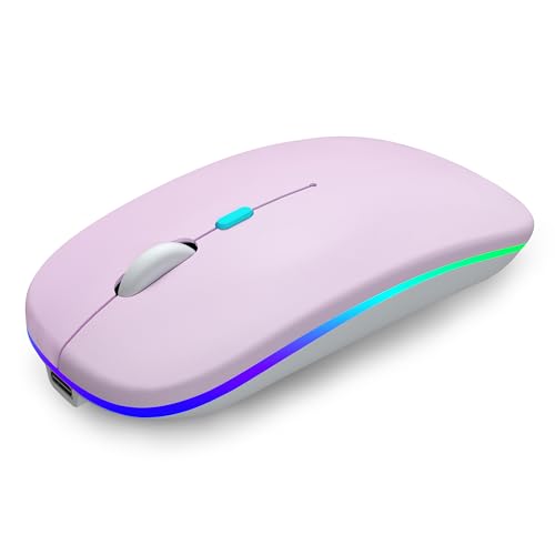 AIKOKOK Wireless Bluetooth Mouse, Rechargeable, Dual Mode Bluetooth 5.2 & 2.4G USB, LED Lights, Slim, Silent, Portable Computer Mouse for Laptop, PC, MacBook, iPad, Tablet (Pink) - color: Pink