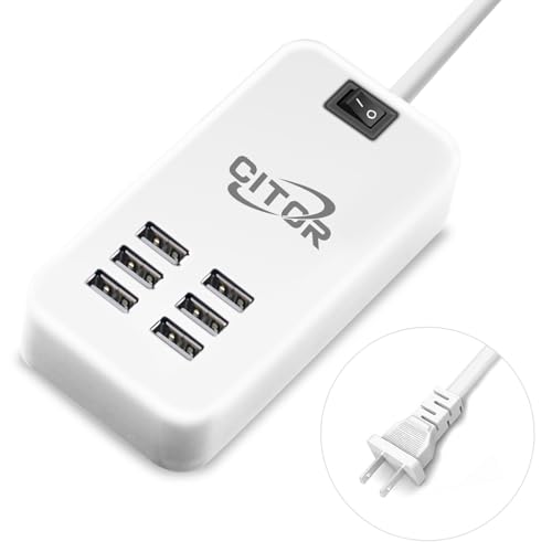 Multi USB Charger, 6 Port USB Charging Station for Multiple Devices, Phone, Tablet, Power Strip with ON/Off Switch (White) - color: white