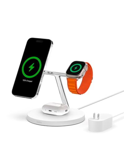 Belkin MagSafe 3 in 1 Wireless Charging Stand, 2nd Gen, 33% Faster | Apple Watch, iPhone 16/15/14, AirPods compatible, multi-device charging station, faster charging, Magnetic - color: White, style: Chrome Finish