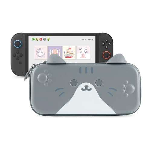 GeekShare Carrying Case Compatible with Switch 2 (2025) 7.9 Inch, Hard-Shell Slim Travel Case with 12 Game Card Slots for Switch 2 Console and Accessories, Gray Cat Ear - color: Grey