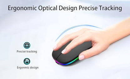 AIKOKOK Wireless Bluetooth Mouse, Rechargeable Dual Mode Mouse, Matte Black | BT 5.2 & 2.4G USB Receiver, 3 Adjustable DPI,LED Lights,Slim,Silent,Portable Computer Mouse for Laptop,PC,MacBook,iPad,Tablet - color: Matte Black