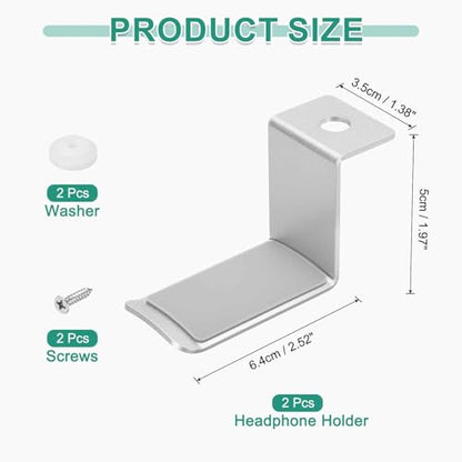HARFINGTON 2pcs Headphone Holder Stand Aluminum Headset Hook Headphone Clip Under Desk Hanger with Washer and Screws for Bedrooms Study Libraries Offices, Silver (5cm) - color: Silver
