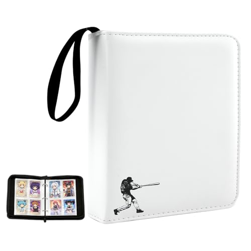 PU Leather Baseball Card Binder,Double Sided White Card Binder 4 Pocket Holds 400 Cards,50 Removable Sleeves Baseball Cards Binder,3 Ring Zipper Holder Sports Cards Collection for TCG, MTG - color: White, size: Medium
