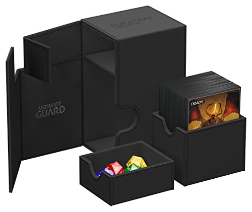 Ultimate Guard Flip'n'Tray 80+, Deck Case for 80 Double-Sleeved TCG Cards + Dice Tray, Black, Independent Magnetic Closure & Microfiber Inner Lining - color: Black, size: 80+