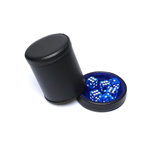 PU Leather Dice Cup with Lid, Blue Velvet Interior Quiet Dice Shaker Cup Including 6 BlueTranslucent Dice for Liars/Farkle/Yahtzee Games, 1 Pack - color: Dark Blue