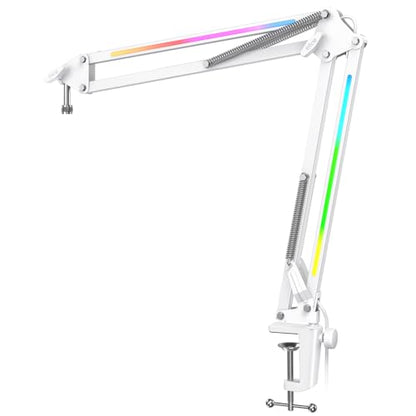 FIFINE AmpliGame BM38W Heavy Duty RGB Microphone Boom Arm for Gaming | Podcasting C-Clamp Desktop Mic Mount, Angle Adjustment, 3/8" to 5/8" Screw, for FIFINE AM8 - color: White