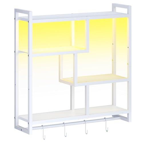 HOOBRO Gaming Floating Shelves with LED Lights, 28.7" LED Wall Mounted Shelf, 4-Tier Floating Wall Shelf for Storage, Display Rack with Hanging Bar and 4 S Hooks, for Gaming Room, White WT37DBJ01 - color: White