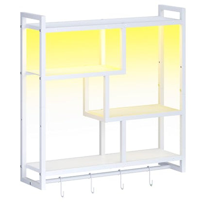 HOOBRO Gaming Floating Shelves with LED Lights, 28.7" LED Wall Mounted Shelf, 4-Tier Floating Wall Shelf for Storage, Display Rack with Hanging Bar and 4 S Hooks, for Gaming Room, White WT37DBJ01 - color: White