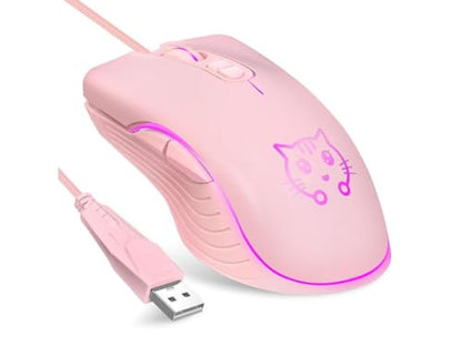 Gaming Wired USB Mouse, 2400DPI 4 Adjustable Levels, Ergonomic Slient Mouse for PC/Desktop/Laptop - Pink Cat