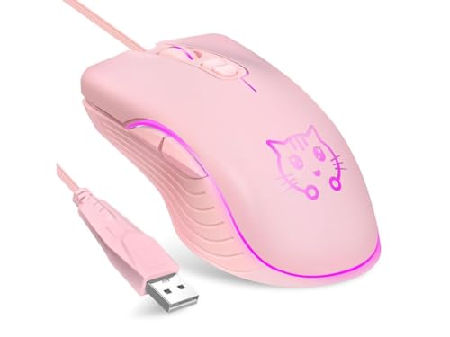 Gaming Wired USB Mouse, 2400DPI 4 Adjustable Levels, Ergonomic Slient Mouse for PC/Desktop/Laptop - Pink Cat