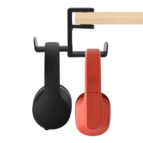 Headphone Holder Under Desk, Dual Headphone Stand Hanger 360 Degree Rotating Headset Holder Under Desk, Clamp On Earphone Organizer for 0.35 to 1.65 inch Thick Table