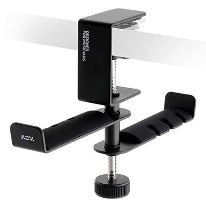ADV. Dual Suspension Headphone Stand – Floating Headset Stand with 360° Rotating Arm, Adjustable Clamp for Desk/Table, Steel Metal Holder, 3.5mm Jack Mount, Universal Fit, [Black] - color: Black