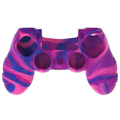 PlayVital Line & Dot Pink & Purple & Blue Silicone Cover Skin for ps4 Controller, Anti-Slip Soft Protector Case Cover with Thumb Grip Caps - color: Pink Purple Blue