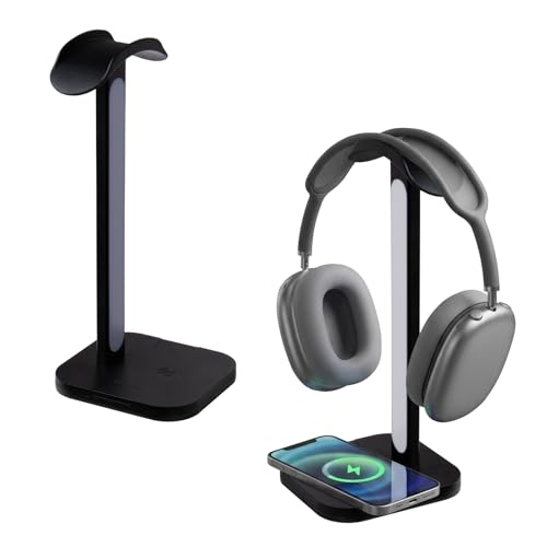 3 in 1 Gaming Headphone Stand with Wireless Charger, Desktop Headset Holder Hanger Rack, Wireless Charging Station Compatible for iPhone Series, PS5, Xbox, PC Gaming Desk Accessories - color: Black