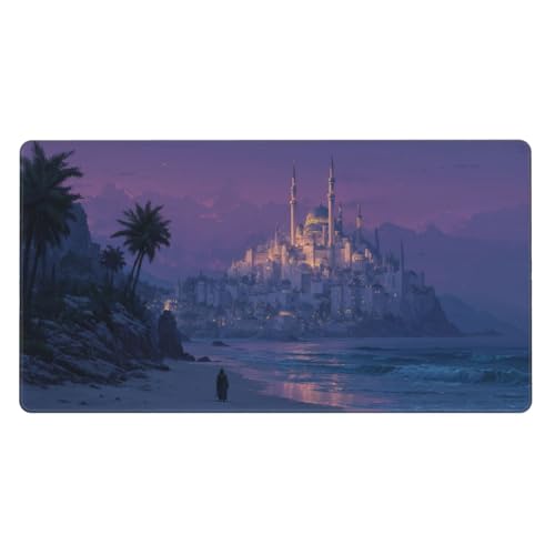 MTG Playmat Magic Castle by The Sea TCG Mat Board Game Card Game Trading Card Game Play Mat Desk Pad Original Hand Painting Stitched Edges Smooth Surface Rubber Base 23.5x13.7in