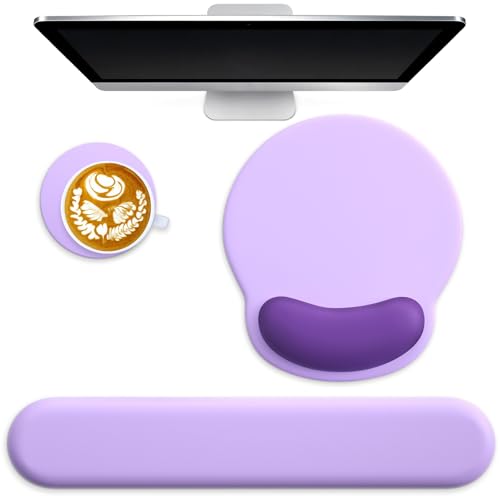3 in 1 Ergonomic Mouse Pad and Keyboard Wrist Rest with Coaster Set-Purple | Cute Large Mousepad with Gel Wrist Support for Gaming Computer Laptop Women Office Home Desk Decor - color: A5-Purple